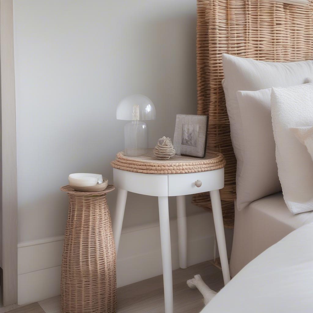 White Rattan Side Table in Bedroom Setting