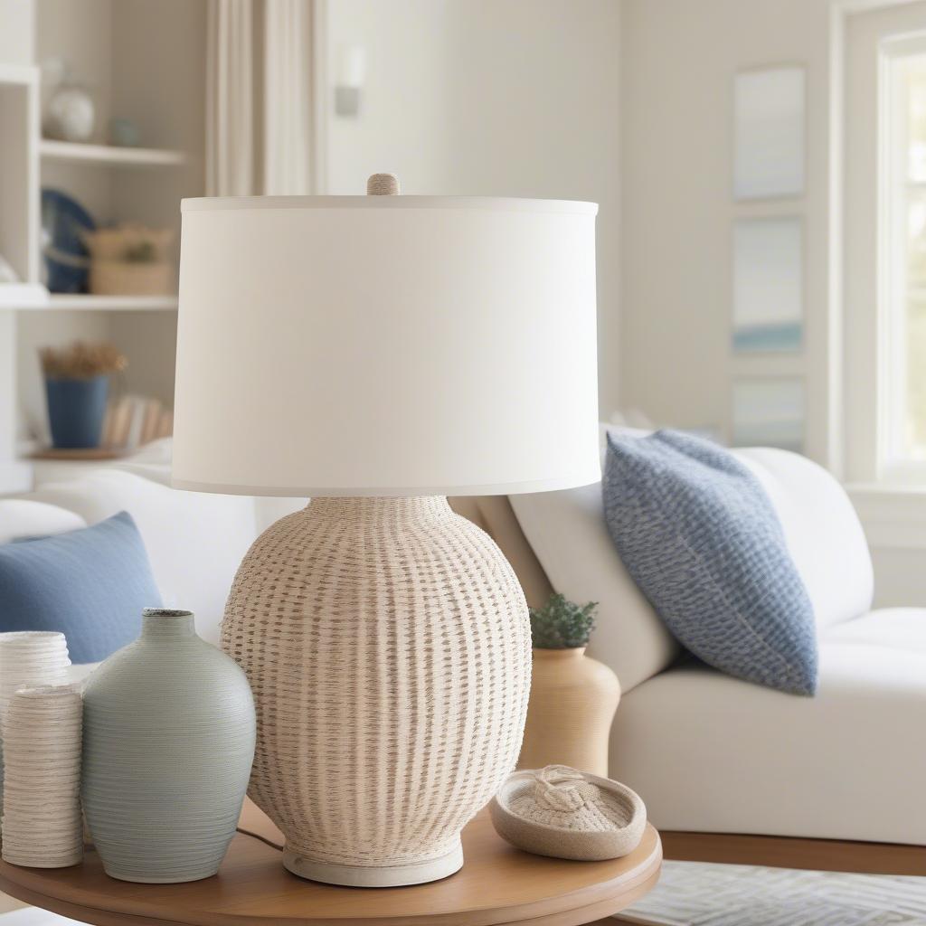 White Round Basket Weave Table Lamp in a Coastal Living Room