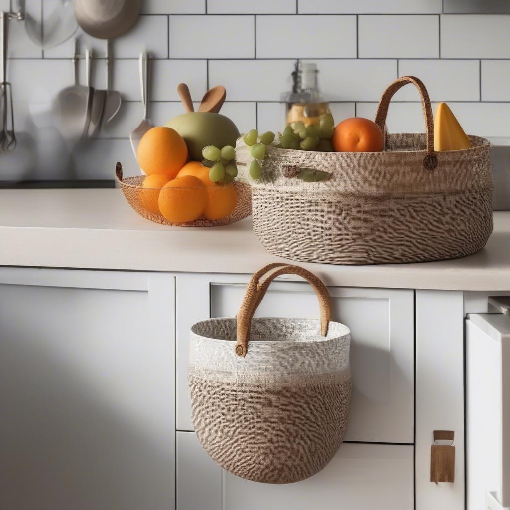 White weave baskets on a kitchen counter