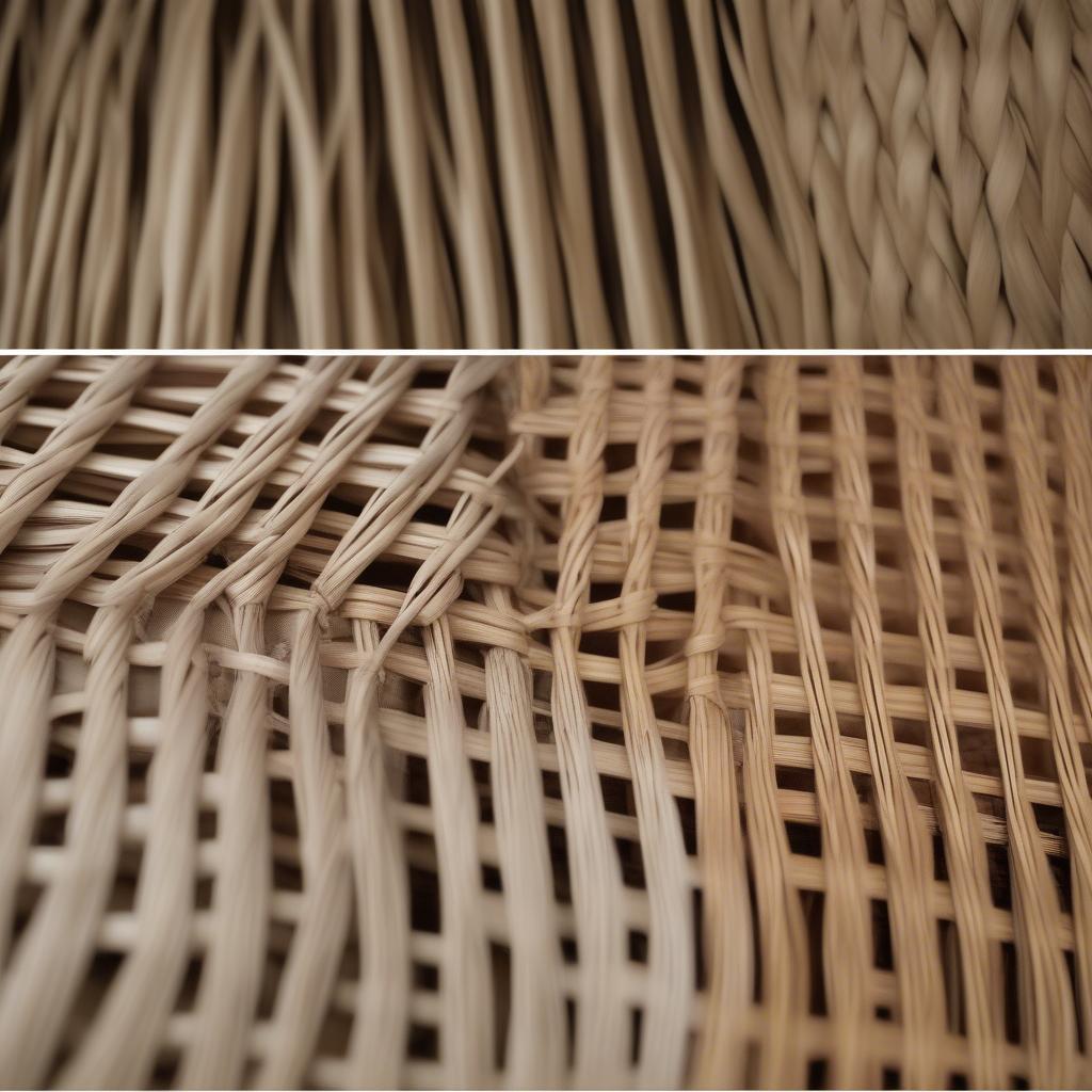 A side-by-side comparison of wicker and rattan materials, highlighting their textures and weaving patterns.