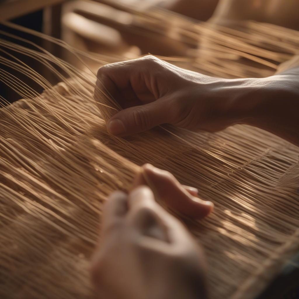 Close-up of hands weaving a wicker basket.