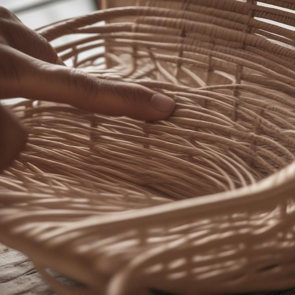 Close-up view of wicker chair seat weaving, showcasing the intricate handwoven pattern and natural materials.