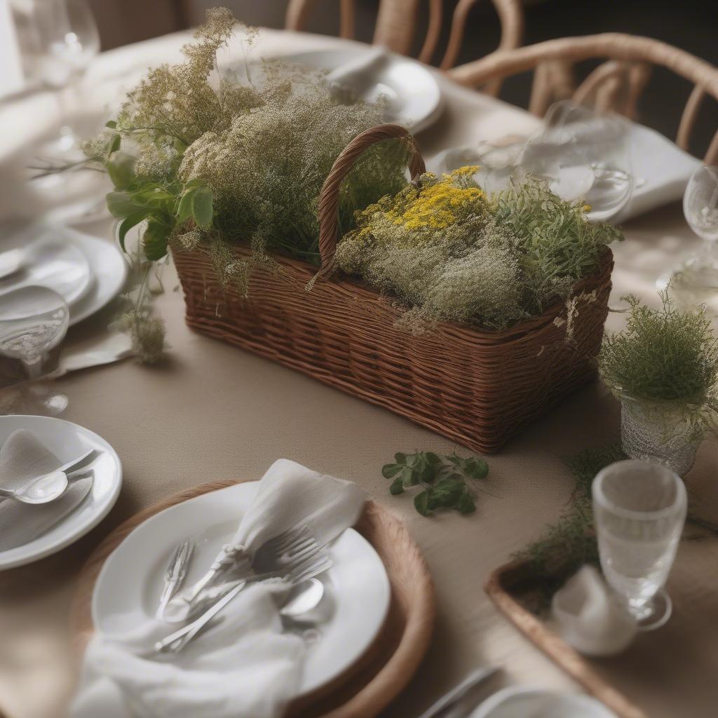 Wicker plant baskets as centerpiece on a dining table