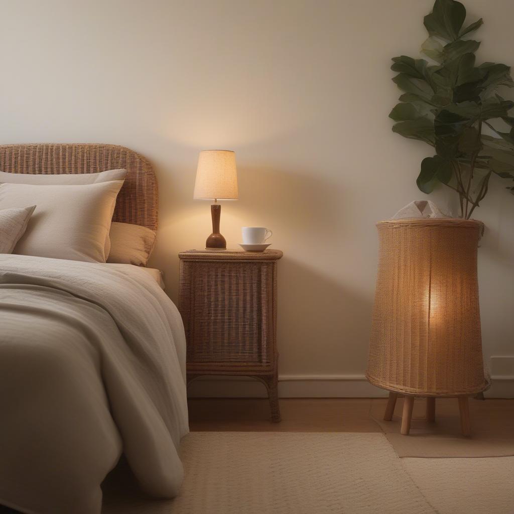 Wicker side table with a lamp in a bedroom setting