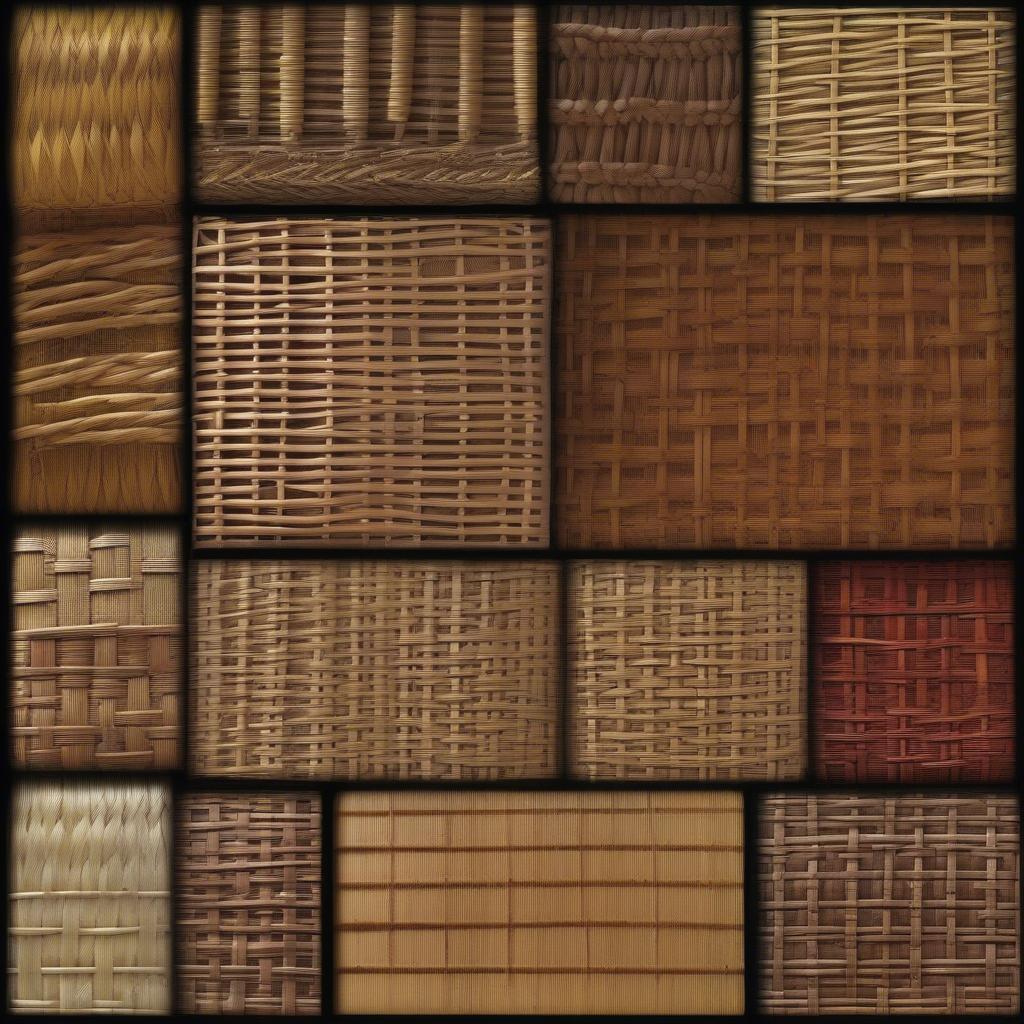 Different types of wicker weaving patterns, including open, closed, and twilled weaves.