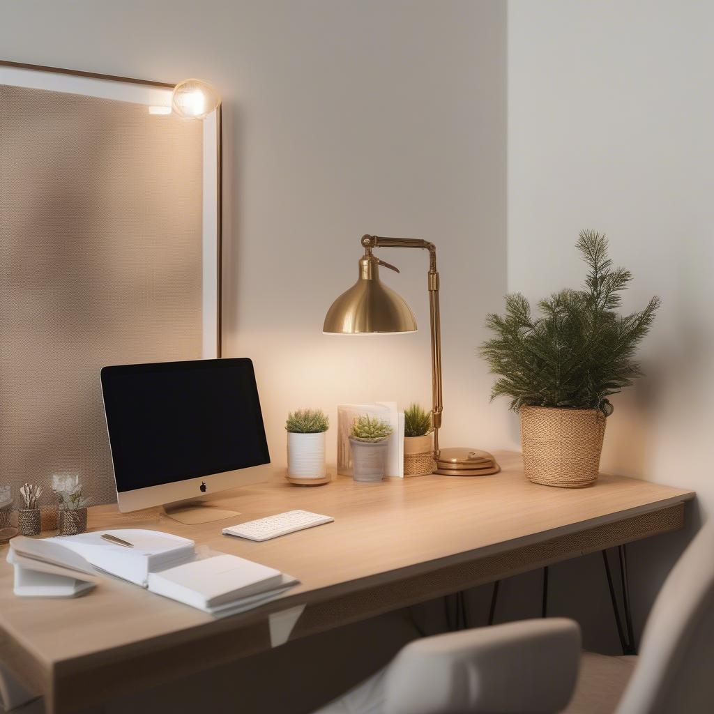 Wire Weave Table Lamp on a Home Office Desk