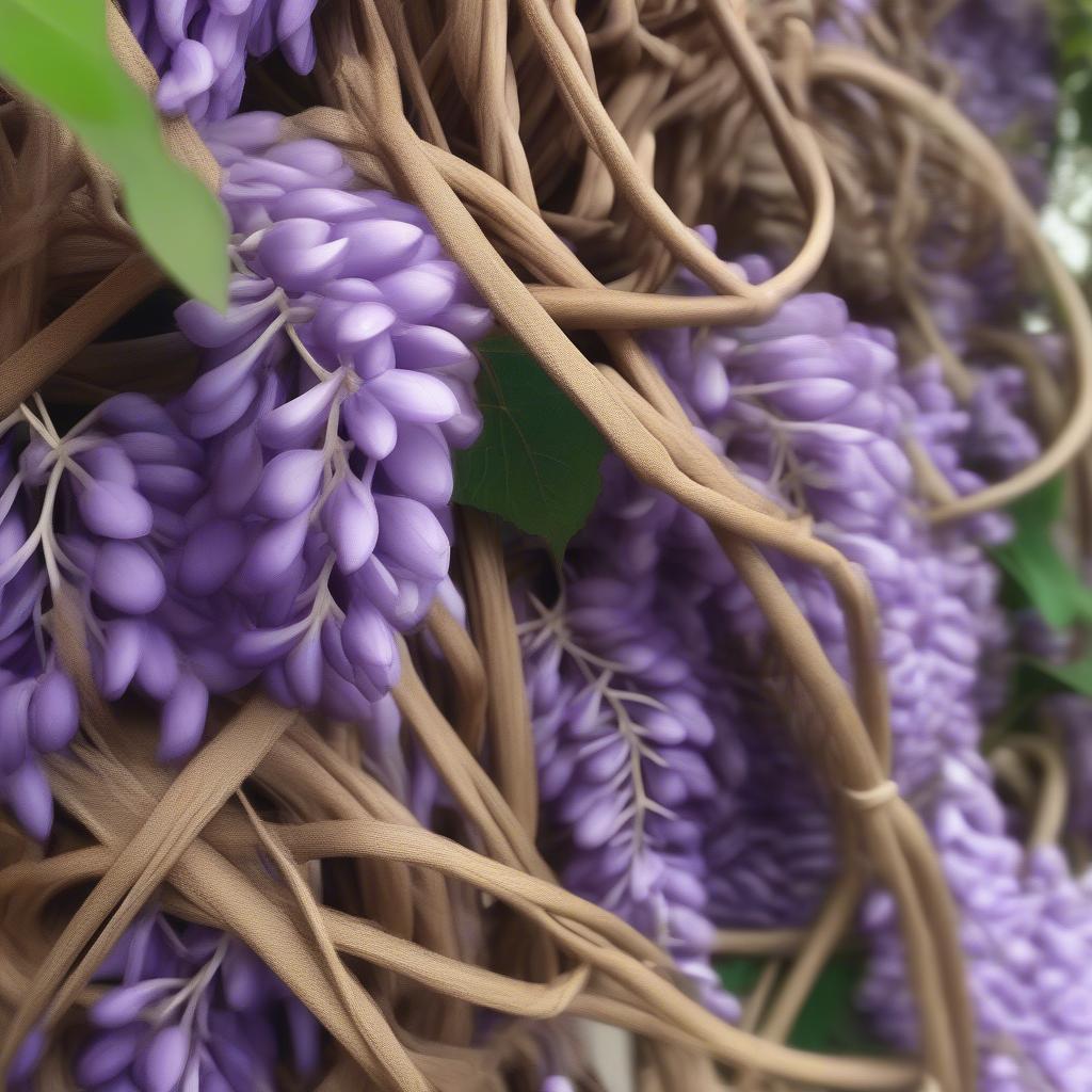 Close-up of a wisteria vine being woven into a basket