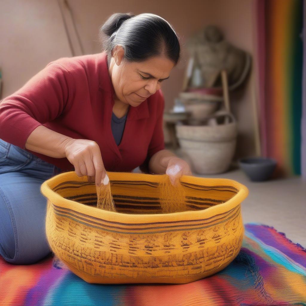 A woman gently hand-washing her Mexican woven wool tote bag with mild detergent.