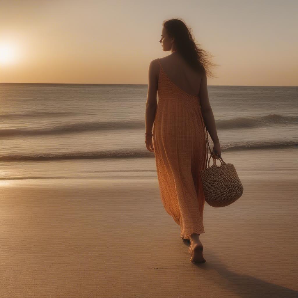 A woman walking along a beach, carrying a hand woven straw beach bag over her shoulder. She's wearing a summer dress and sandals, enjoying the sunset.