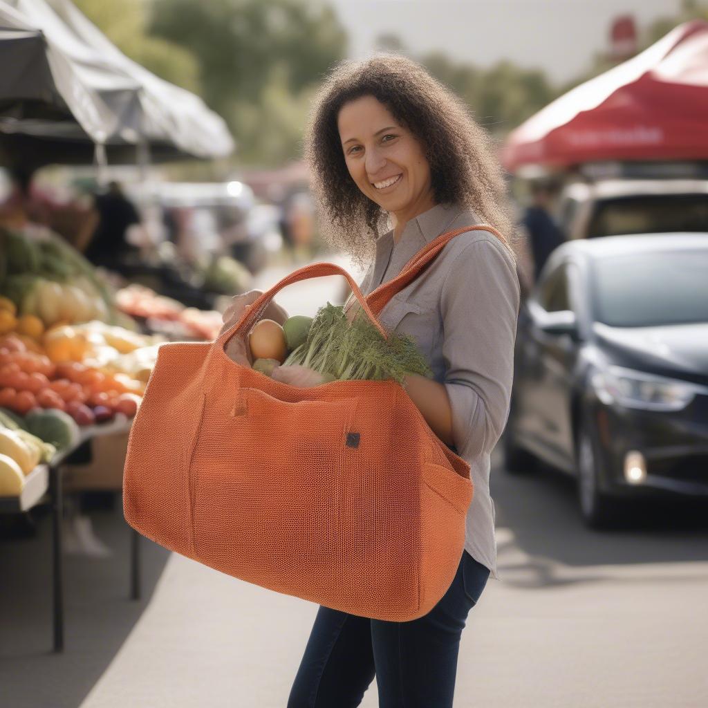 A woman carrying the Midland Las Rayas woven tote bag at a farmer's market