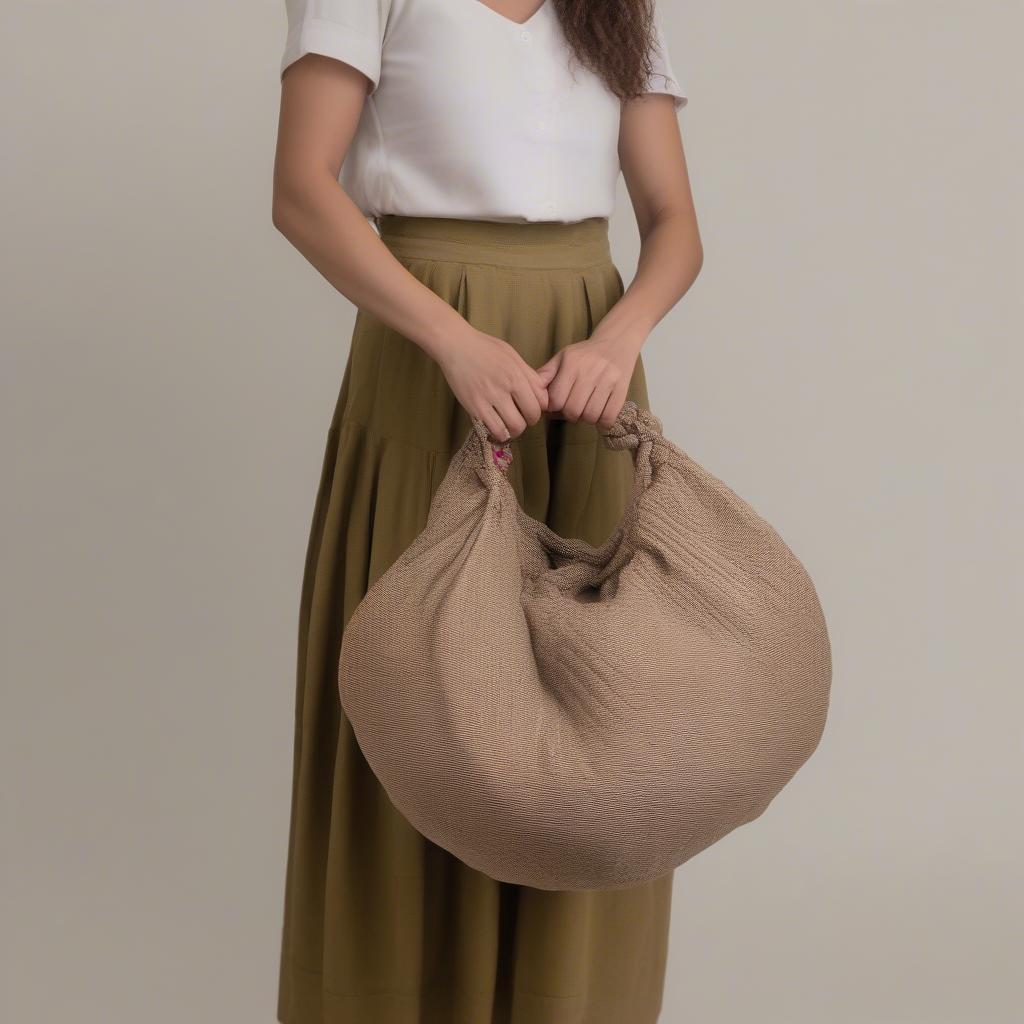 A woman carrying a stylish quince woven bag, demonstrating its practical use and fashionable appeal.