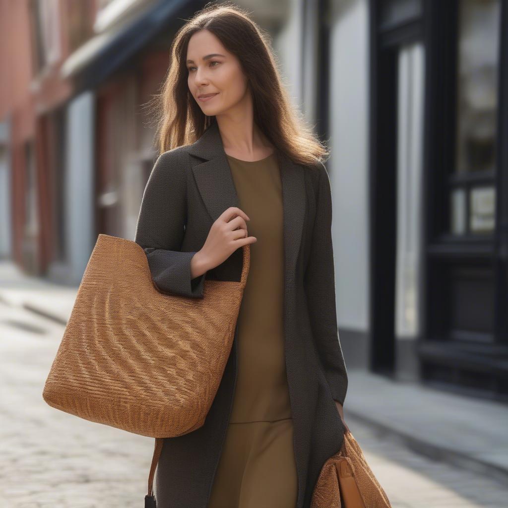 A woman stylishly carrying a teri shoulder bag woven while strolling down a street.