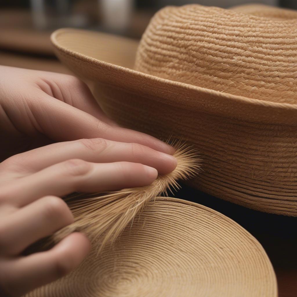 A woman carefully cleans her tight weave straw hat using a soft brush.