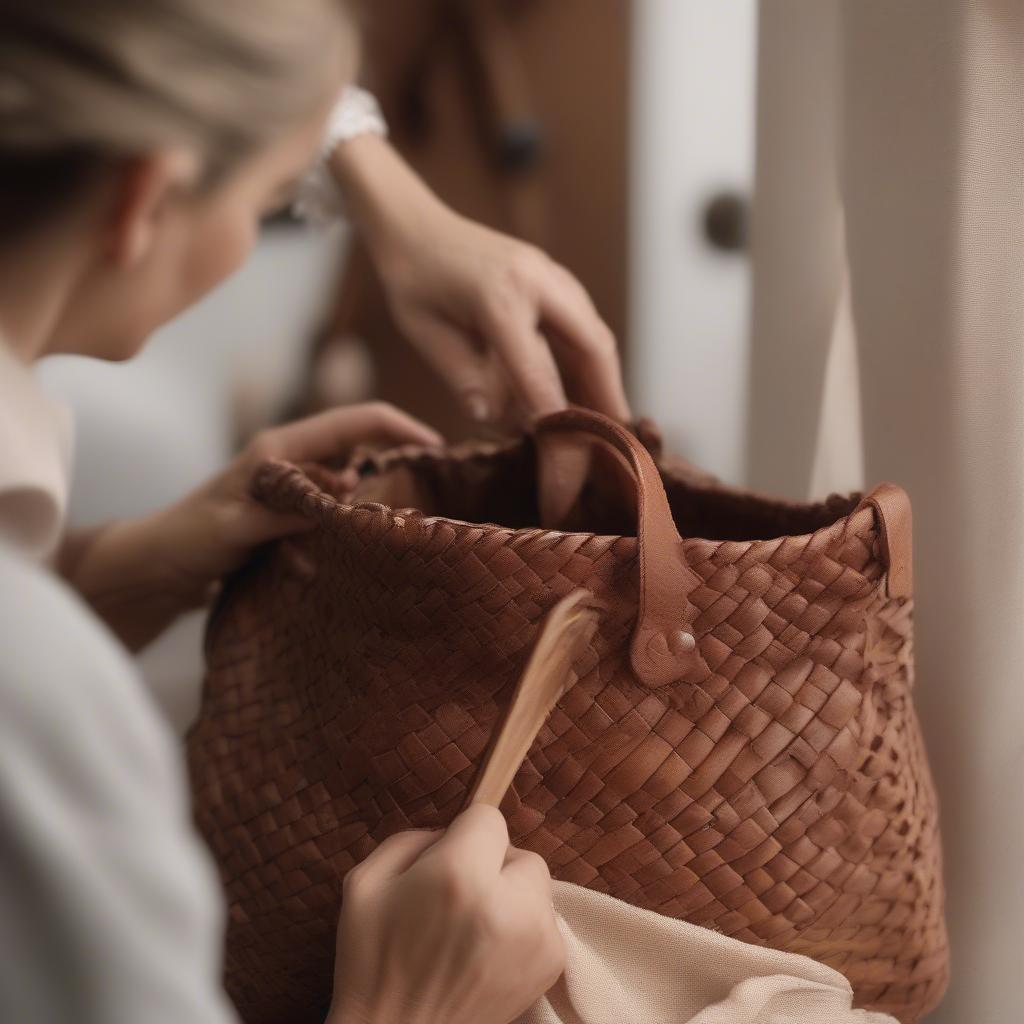 A woman carefully cleaning her woven leather bag with a soft cloth, demonstrating the proper care techniques to maintain its beauty and longevity.