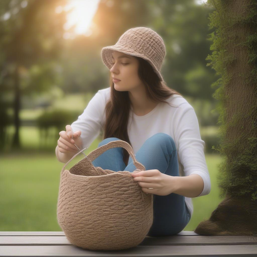 A woman crocheting a basket weave hat outdoors, surrounded by nature.