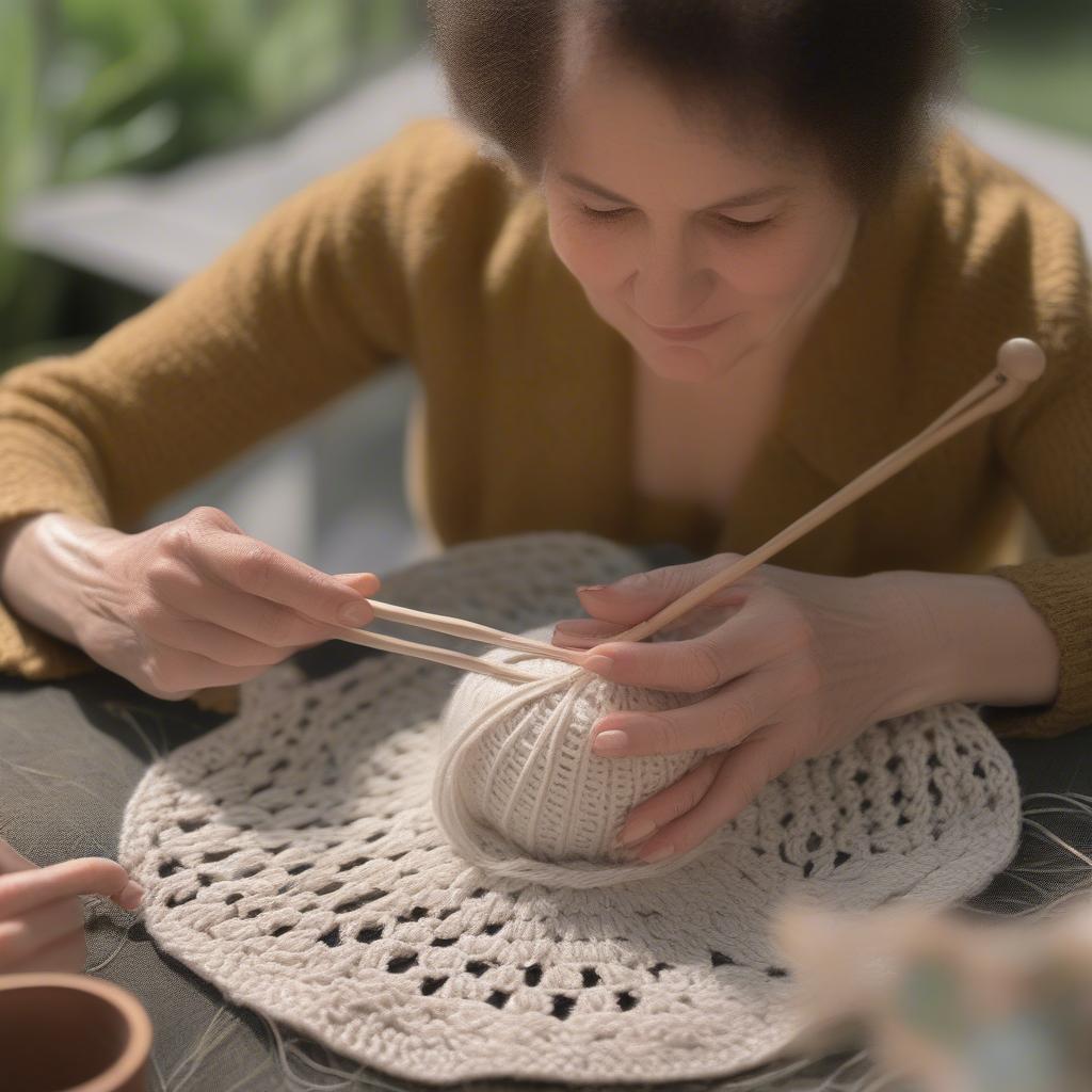 Woman crocheting an open weave hat outdoors.