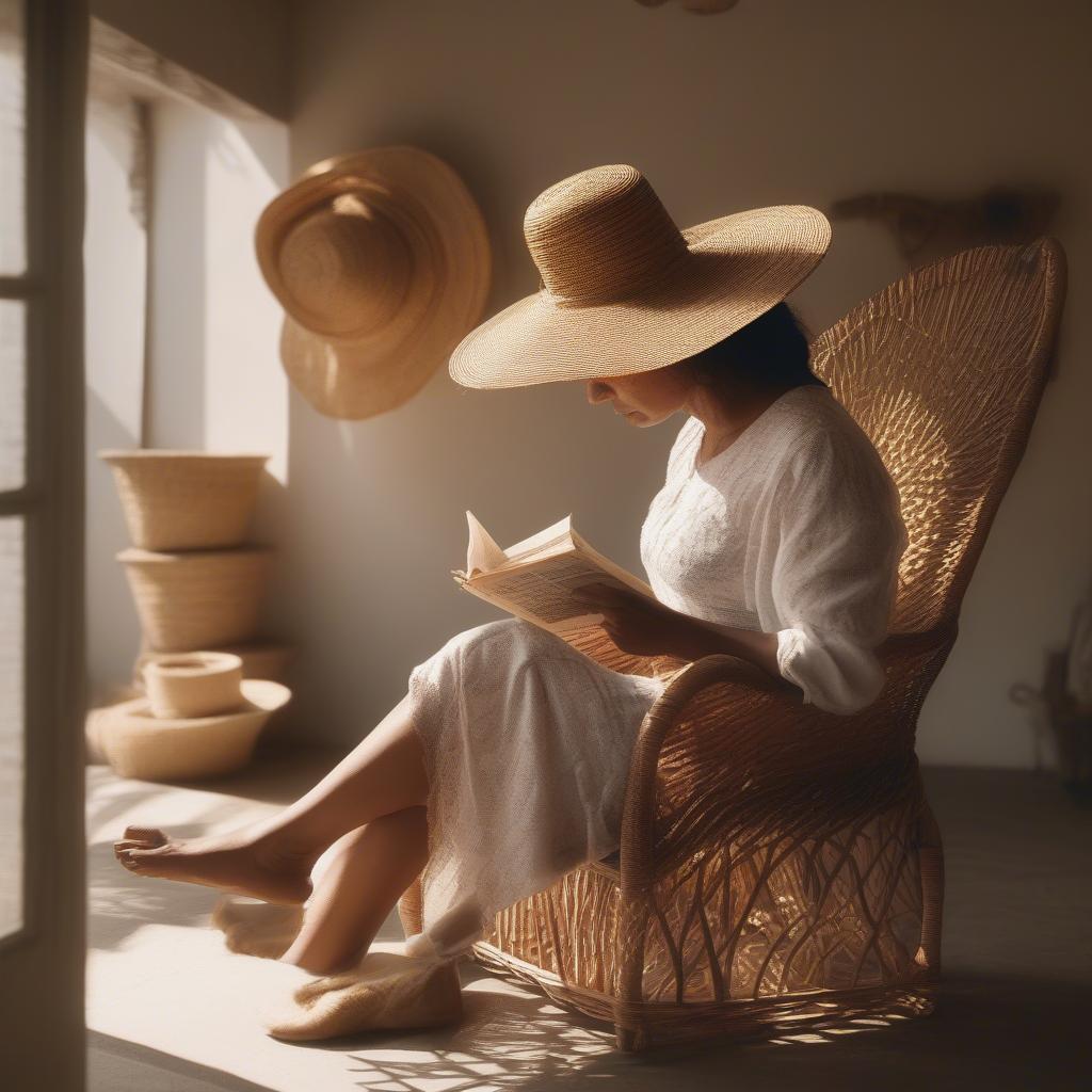 Woman reading a hat weaving book