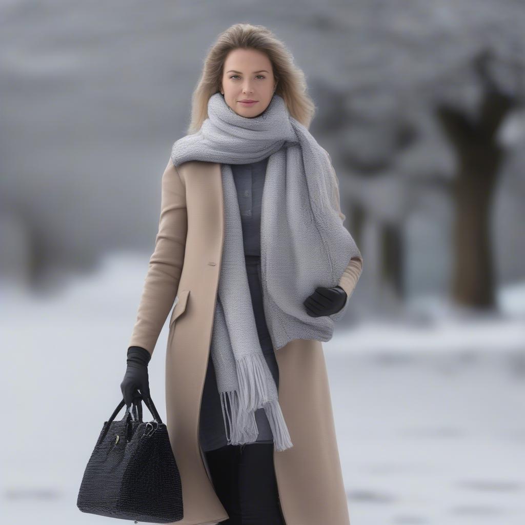 A woman stylishly carrying a frost weave bag with a winter outfit