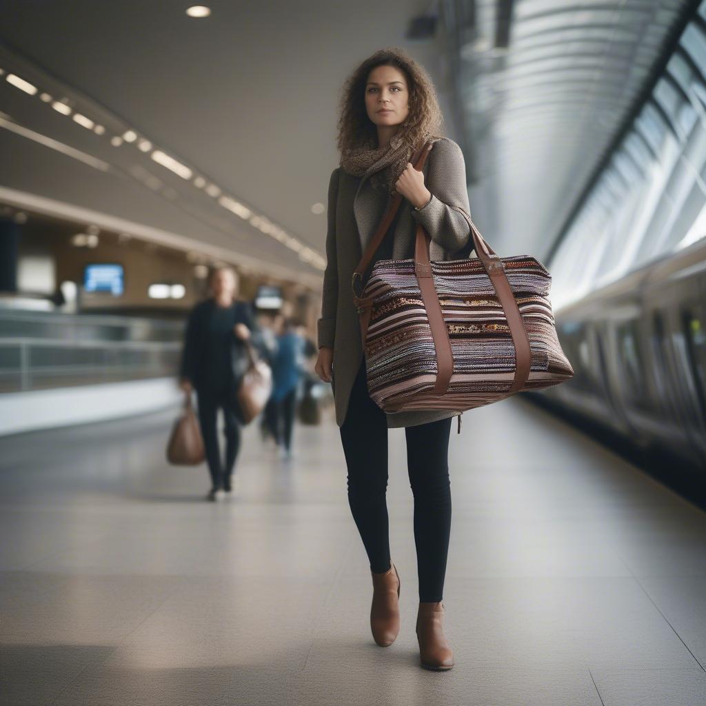 A woman traveling with a woven Aztec duffle bag, showcasing its practicality and style in a real-life setting