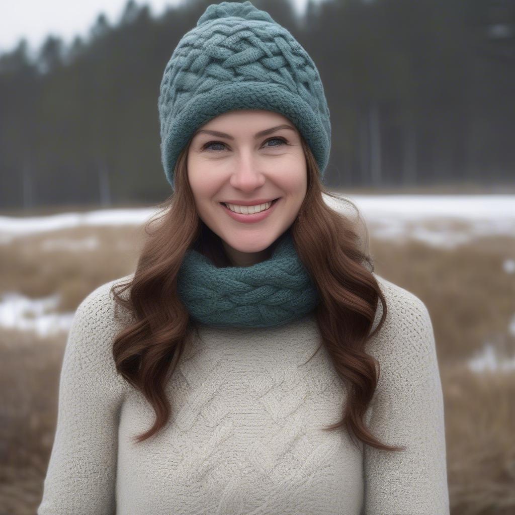 A woman wearing a celtic weave knit hat in a winter setting