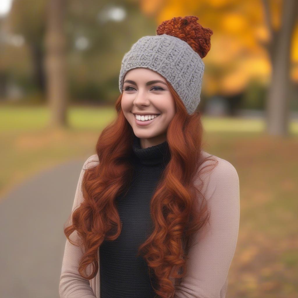 Woman Wearing a Crochet Messy Bun Hat Outdoors