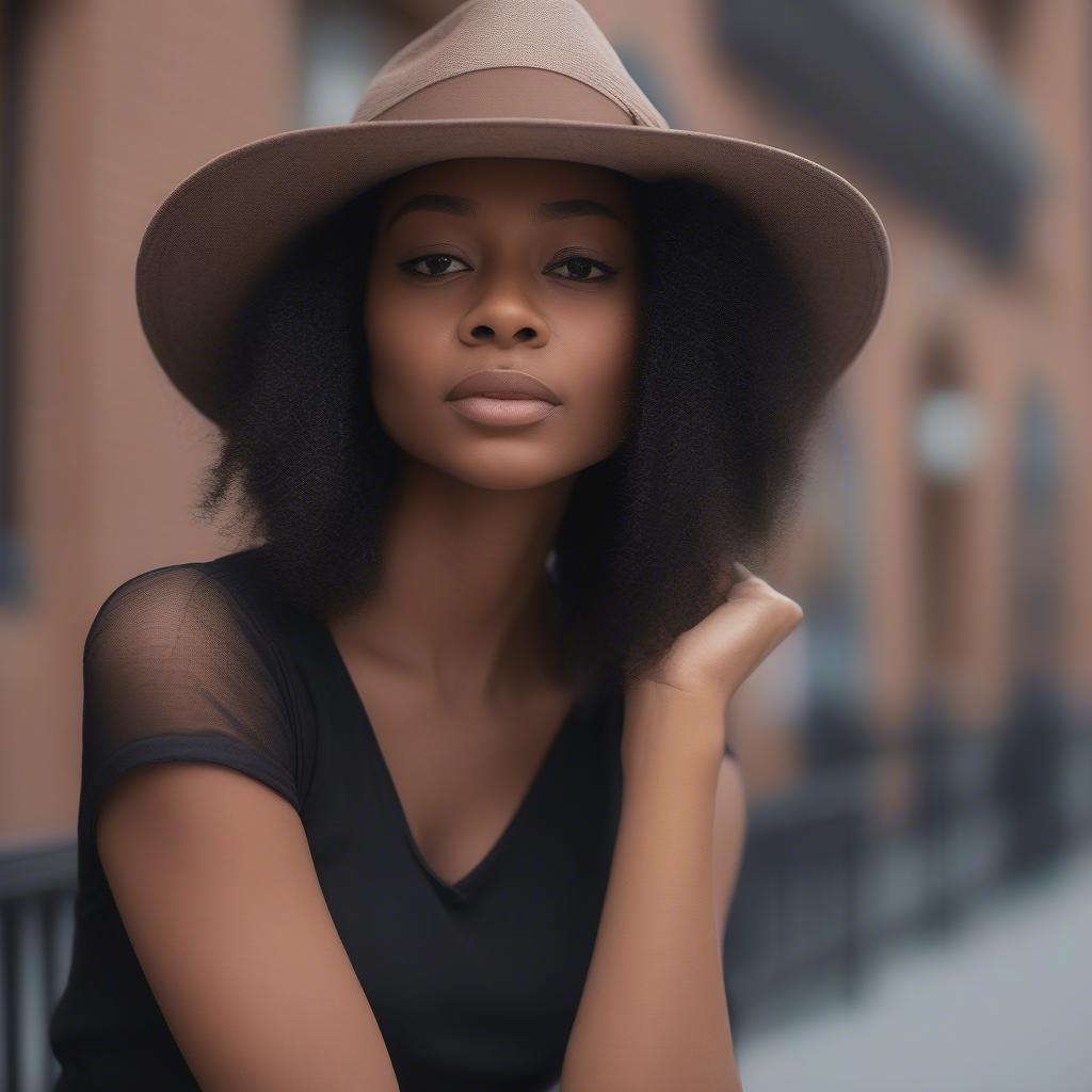 A woman wearing a fedora hat with her MK5 weave, demonstrating a stylish and protective option.