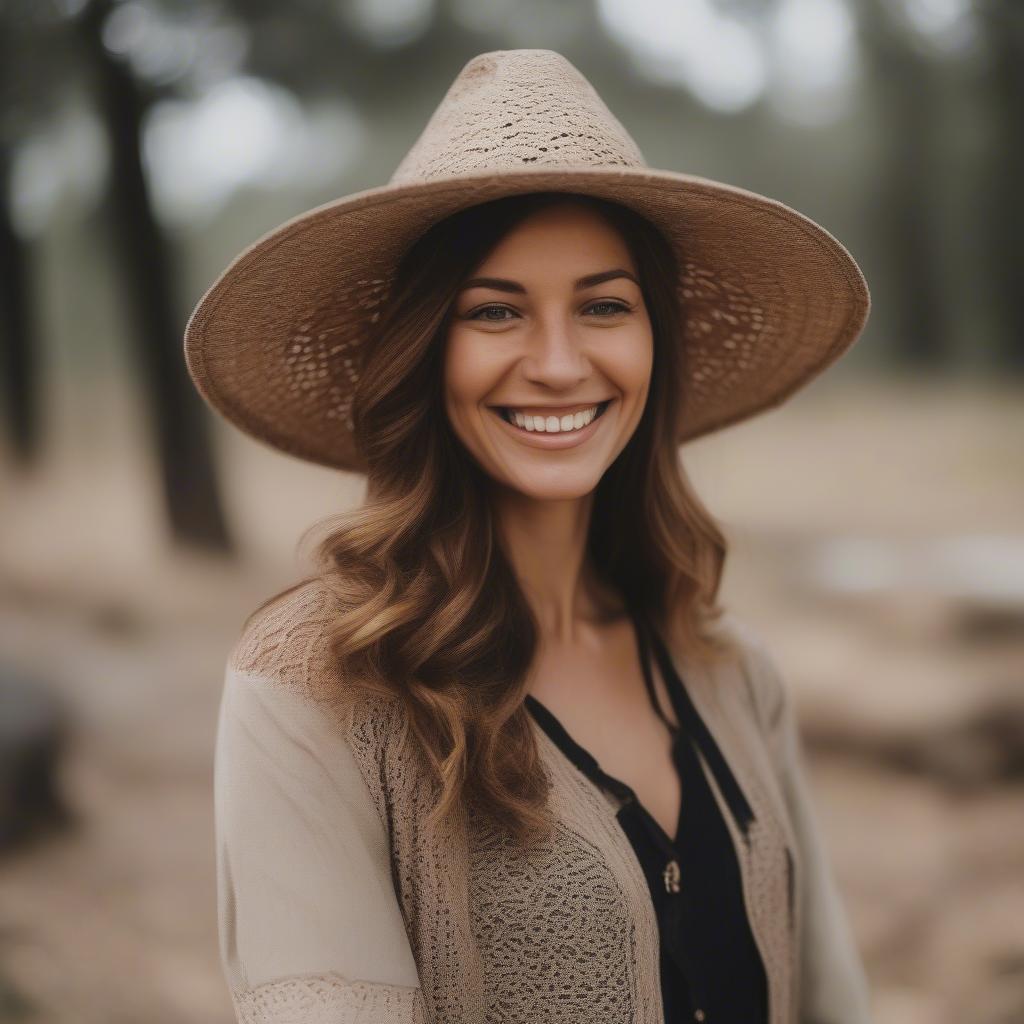 Woman wearing a handwoven hat