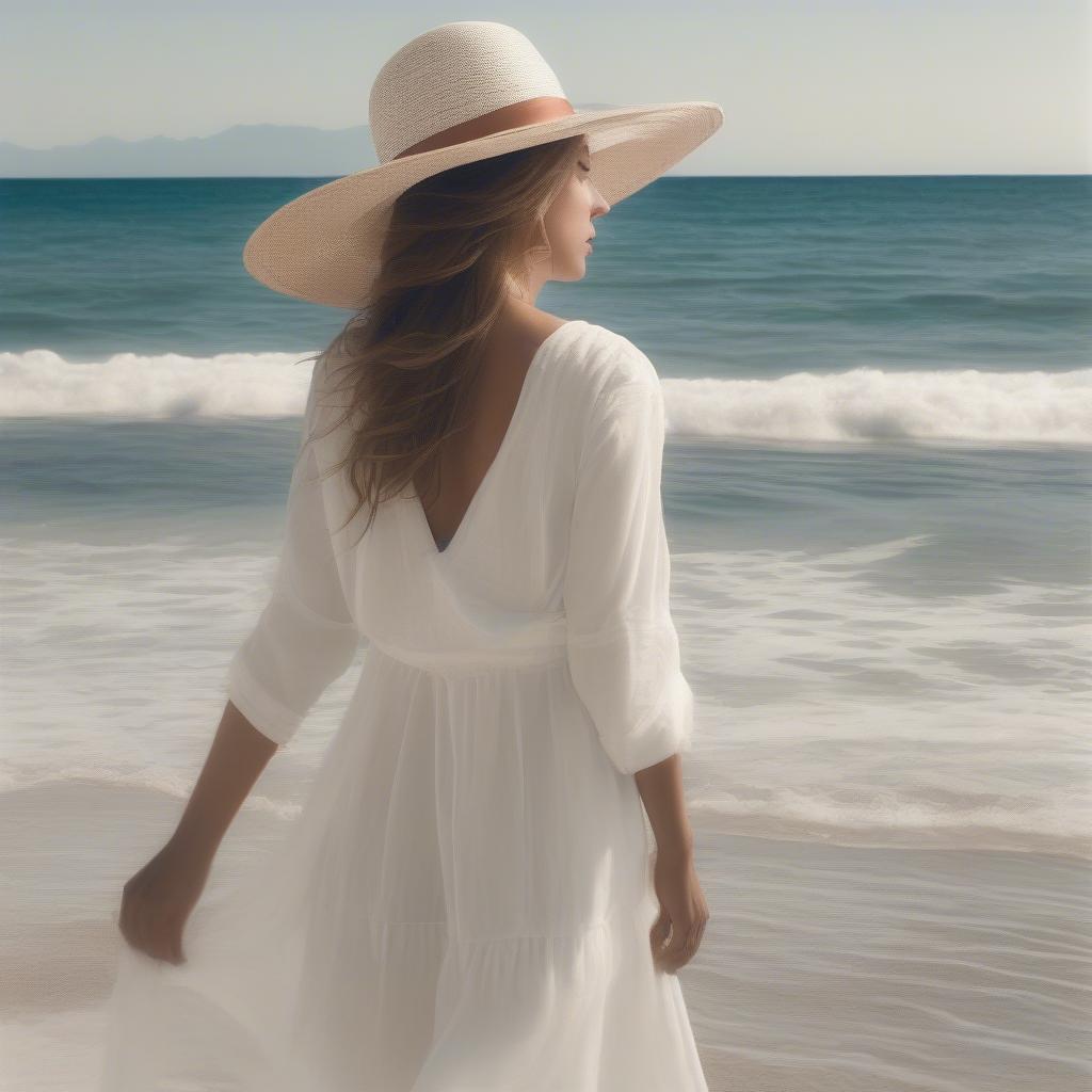 A woman wearing a Lanvin open weave straw hat on a sunny beach.