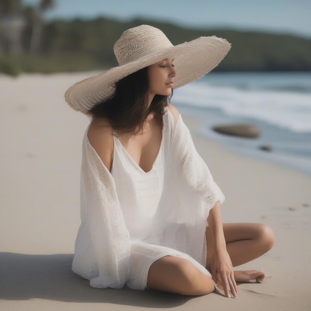 A woman wearing a loose weave palm leaf hat while relaxing on a tropical beach.