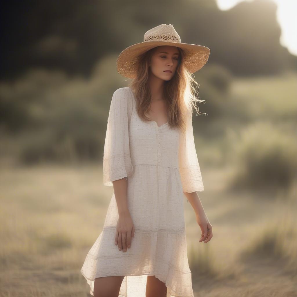 A woman wearing an open weave straw cowboy hat with a summer dress, showcasing a stylish and comfortable summer outfit.