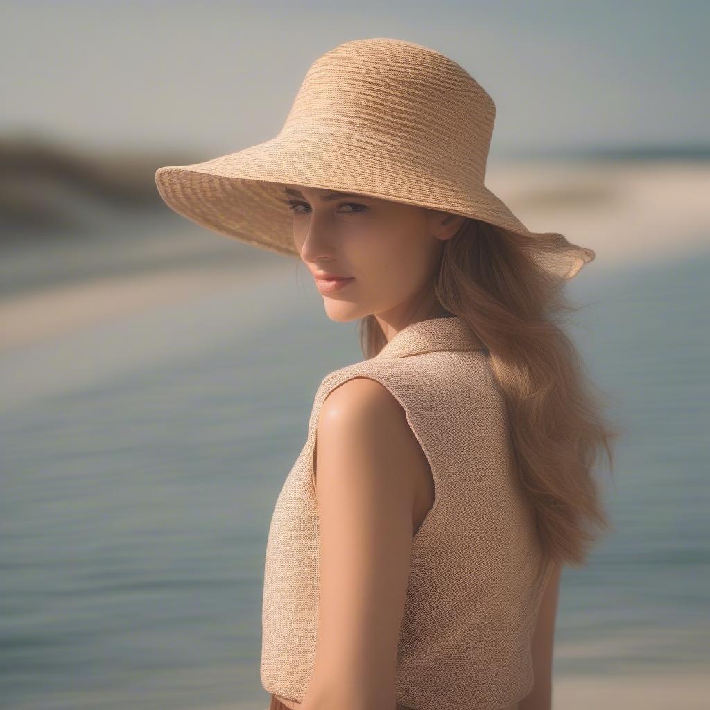 Woman wearing a polo-style straw sun hat on the beach