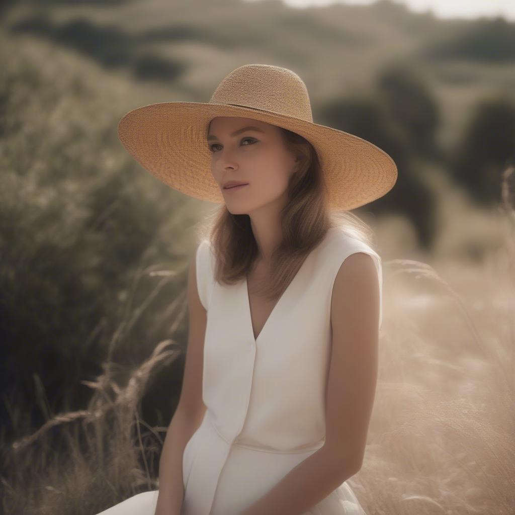 A Woman Wearing a Right Weave Straw Hat