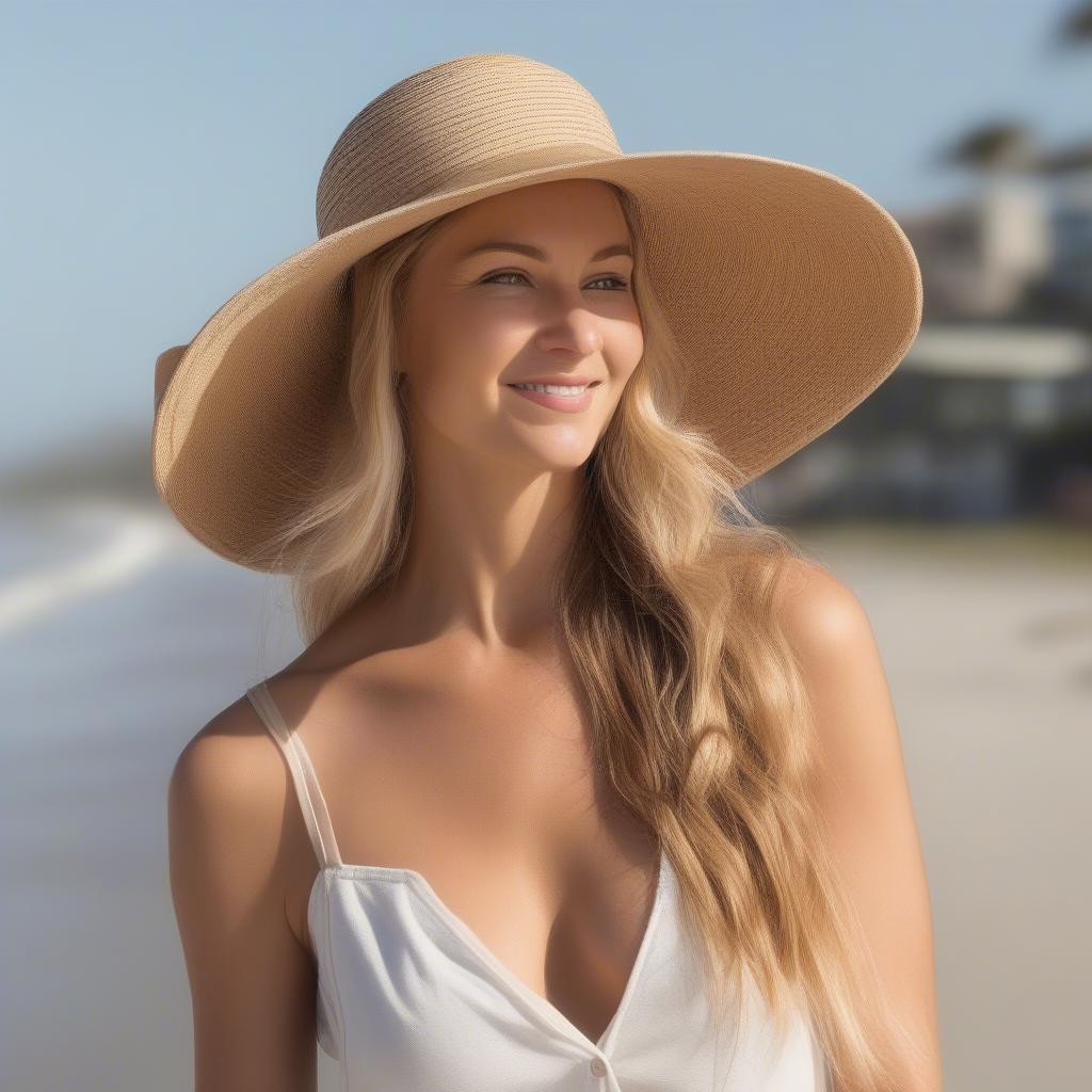 Woman wearing the San Diego Hat Ultrabraid Large Bill Weave Visor on the beach