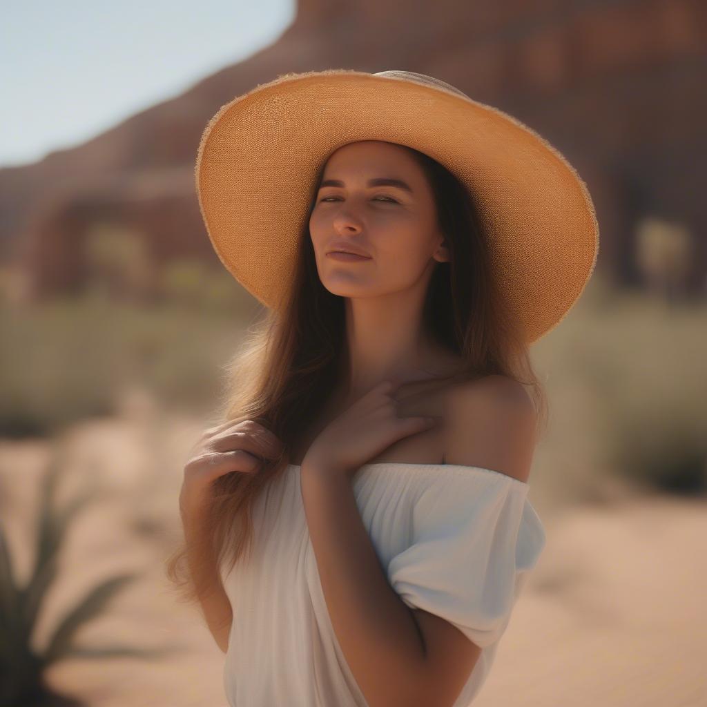 A woman wearing a straw tight weave hat in a desert environment, shielded from the intense sun.