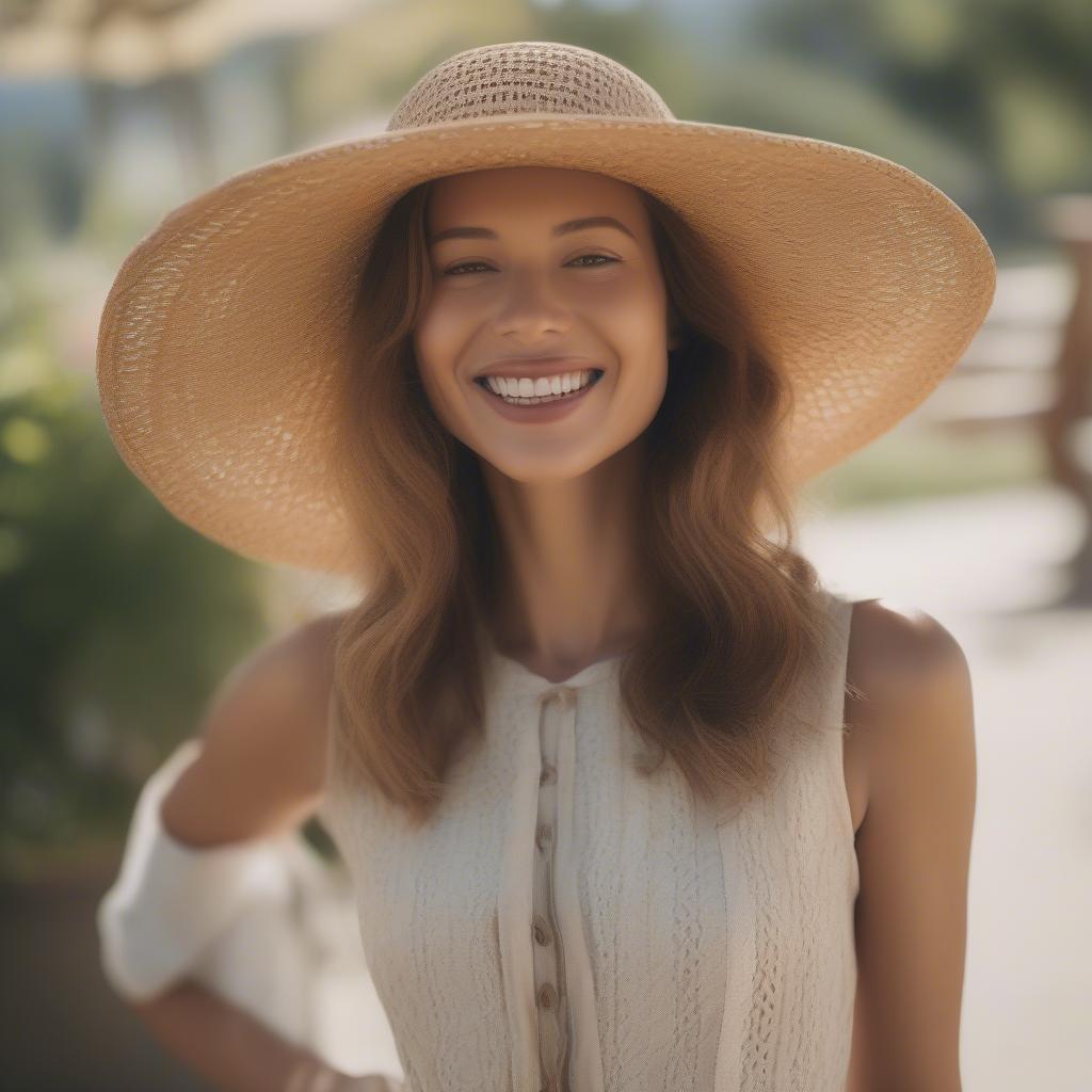 A woman wearing a stylish straw weave hat on a summer day.