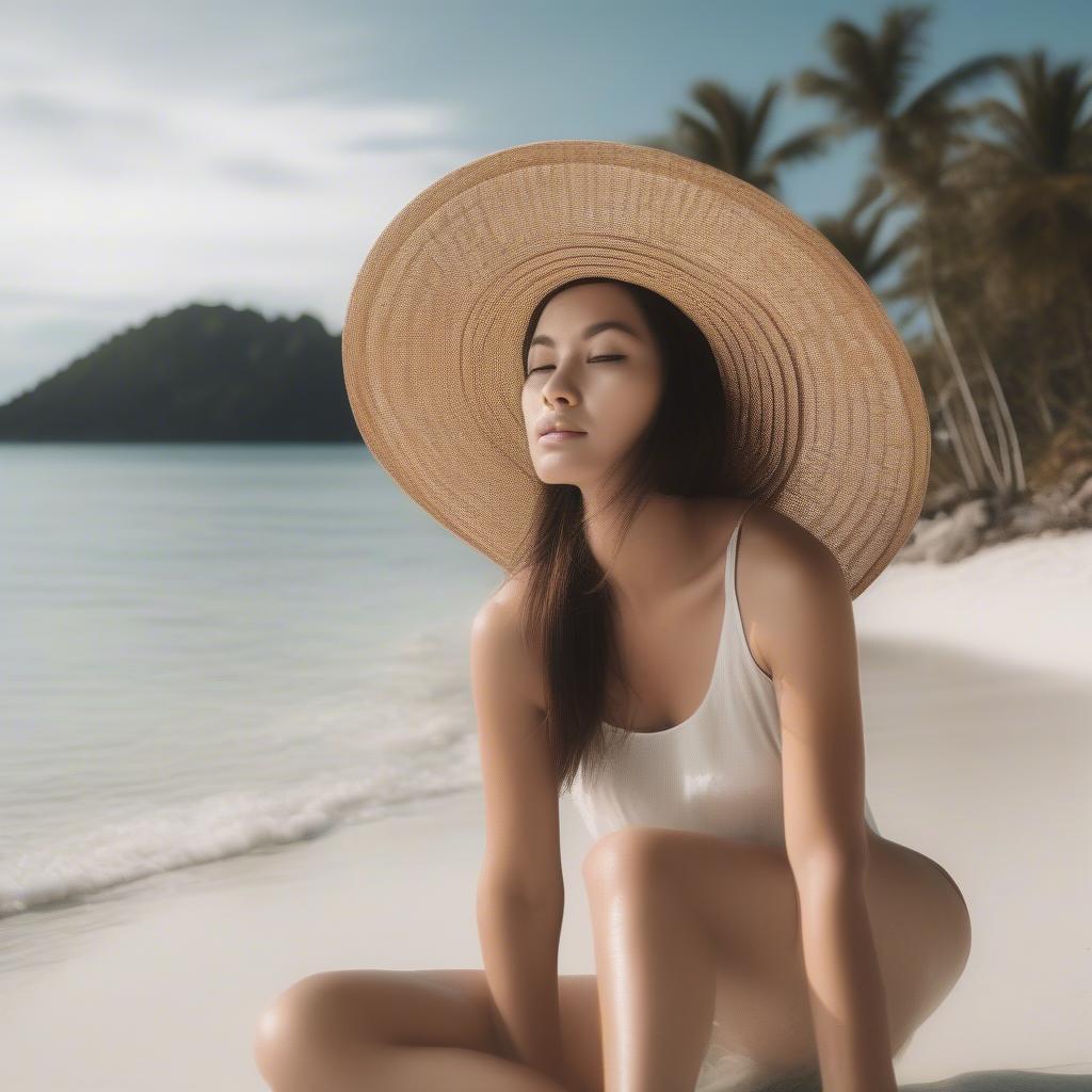 Woman Wearing a Weaved Bamboo Hat on the Beach