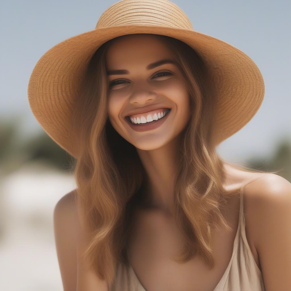 Woman wearing a wide-brimmed weave straw hat