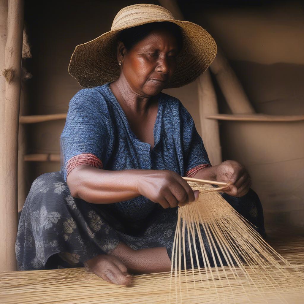 Woman weaving a raffia hat using traditional techniques