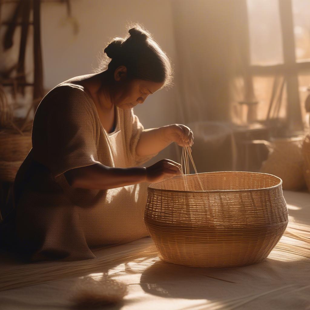 Woman weaving a basket in natural light