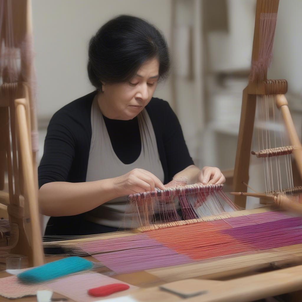 Woman Working on a Table Weaving Loom