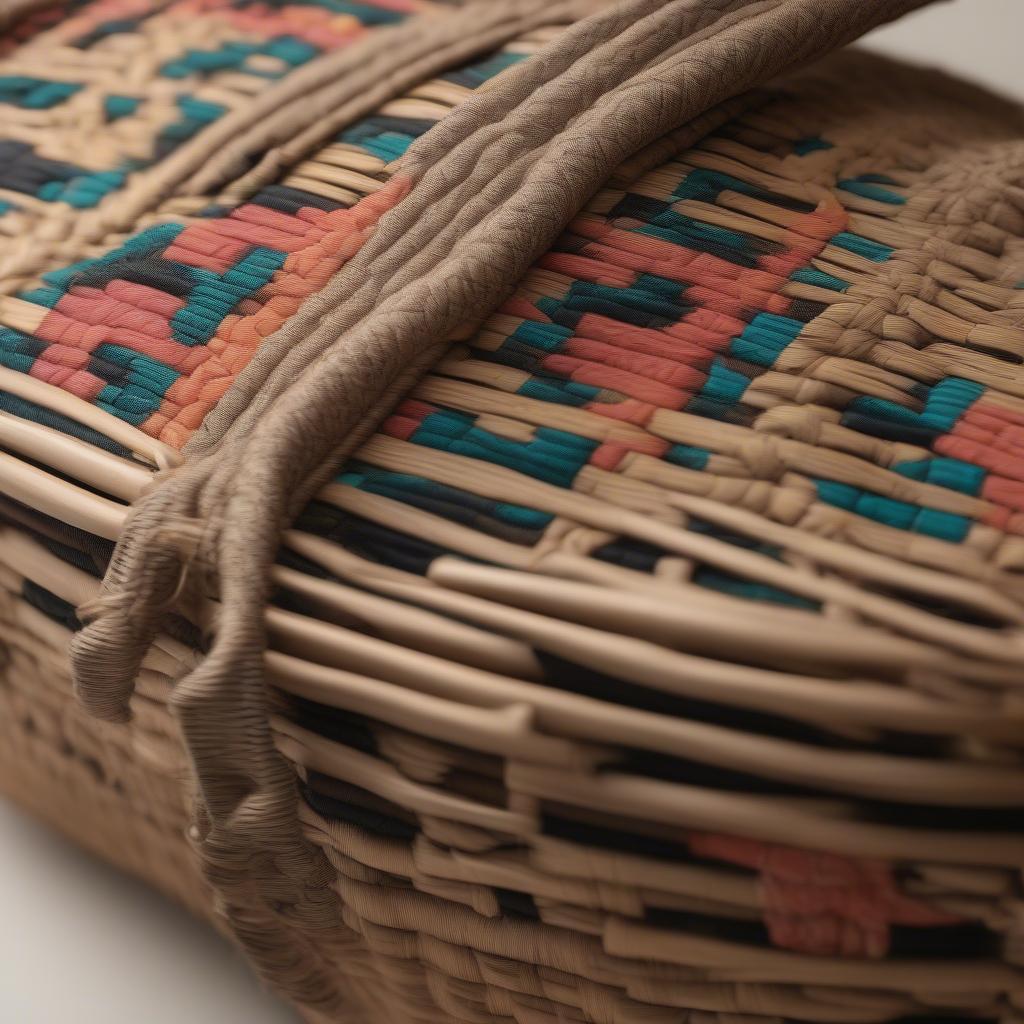 Close-up view of a woven Aztec duffle bag showcasing intricate patterns and craftsmanship