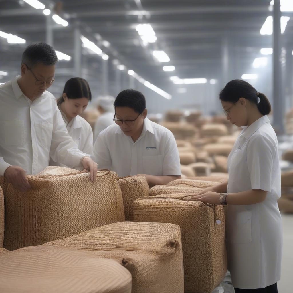 Quality control inspection of woven bags in a factory