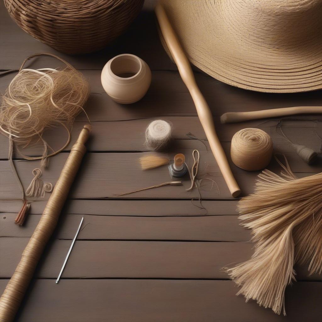 Woven hat materials like rattan and wicker displayed on a table.