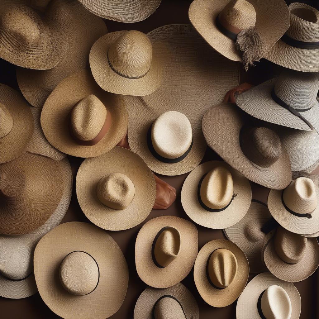 Various types of woven hats, showcasing different materials and weaving styles