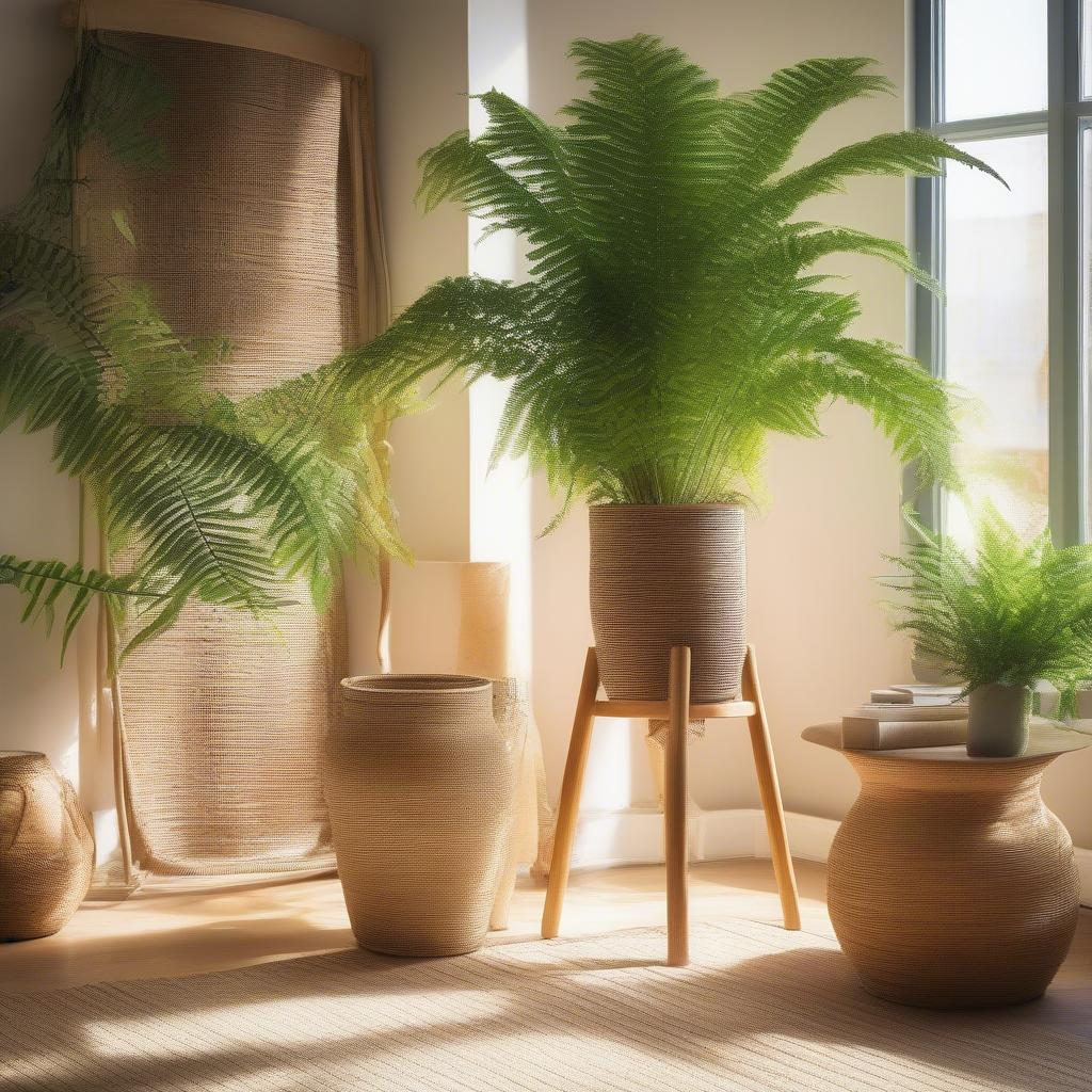 Woven plant stands add a natural touch to a living room setting