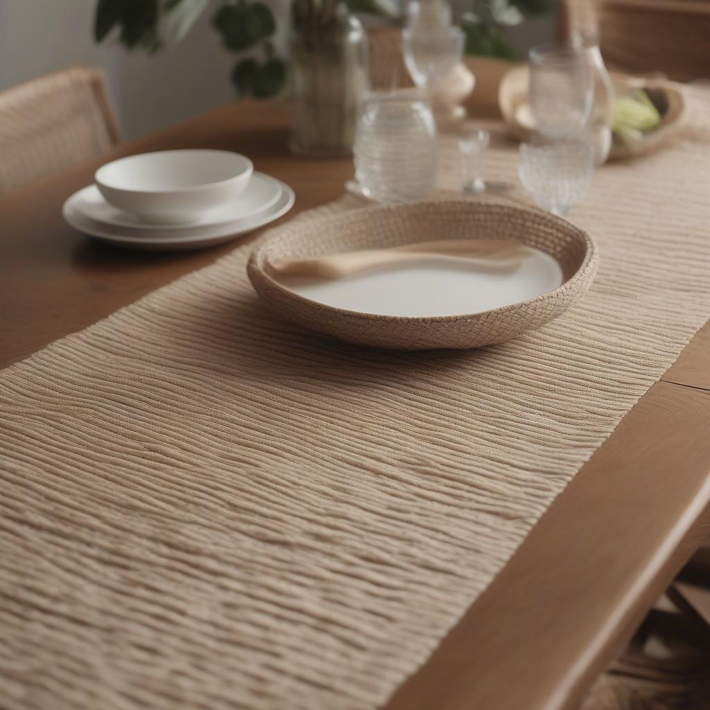 Woven plant table runner made from natural fibers like jute or seagrass, adding a rustic touch to a dining table setting.