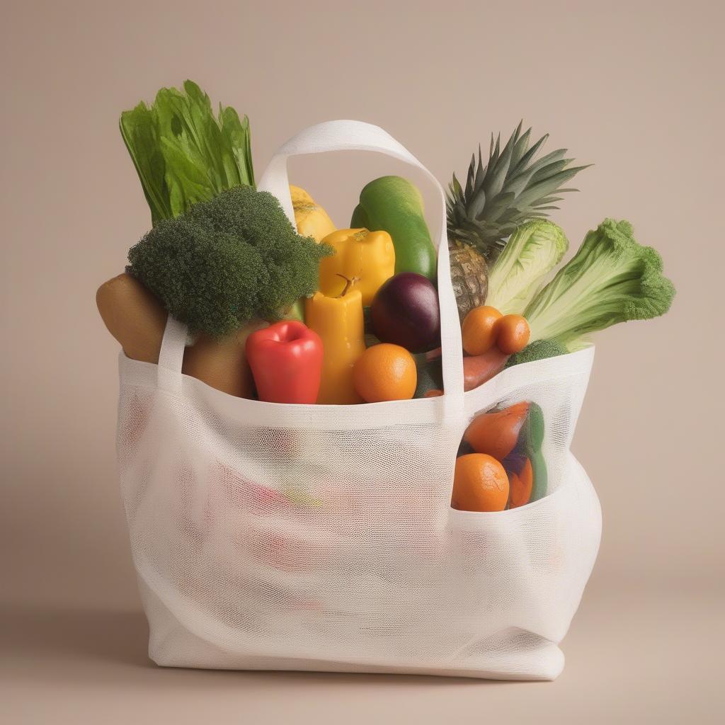 Woven polypropylene grocery bag filled with groceries