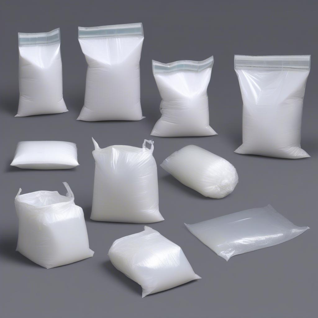 Different types of woven polypropylene PE liner bags, showcasing open top, valve, and gusseted styles.