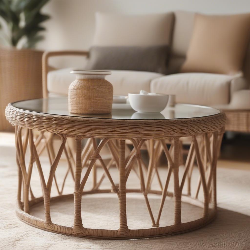 Woven rattan coffee table in a cozy living room setting