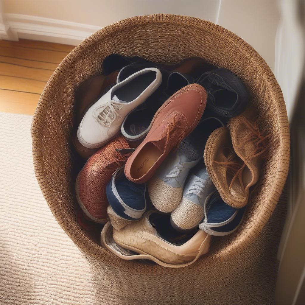 Woven round basket for shoes in a home entryway